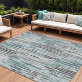 8' X 10' Teal Blue And Gray Striped Washable Indoor Outdoor Area Rug