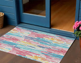 3' X 5' White Pink And Teal Blue Striped Washable Indoor Outdoor Area Rug