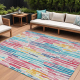 8' X 10' White Pink And Teal Blue Striped Washable Indoor Outdoor Area Rug
