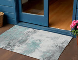 3' X 5' Teal Blue And Gray Abstract Washable Indoor Outdoor Area Rug