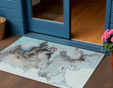 3' X 5' Teal Blue Gold And Gray Abstract Washable Indoor Outdoor Area Rug
