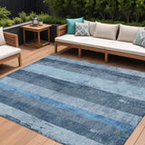 8' X 10' Blue And Gray Striped Washable Indoor Outdoor Area Rug