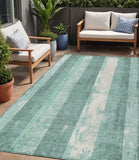 5' X 8' Pale Aqua And Teal Blue Striped Washable Indoor Outdoor Area Rug