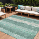 8' X 10' Pale Aqua And Teal Blue Striped Washable Indoor Outdoor Area Rug