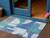 3' X 5' Teal Blue And Ivory Geometric Washable Indoor Outdoor Area Rug