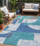 5' X 8' Teal Blue And Ivory Geometric Washable Indoor Outdoor Area Rug