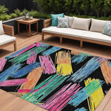 8' X 10' Black Pink And Yellow Striped Washable Indoor Outdoor Area Rug
