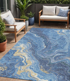 5' X 8' Blue Gold And Ivory Abstract Washable Indoor Outdoor Area Rug