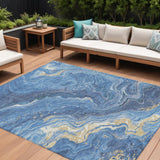 8' X 10' Blue Gold And Ivory Abstract Washable Indoor Outdoor Area Rug