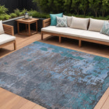 8' X 10' Teal Blue Taupe And Sky Blue Abstract Washable Indoor Outdoor Area Rug