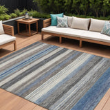 8' X 10' Denim Blue Beige And Taupe Striped Washable Indoor Outdoor Area Rug