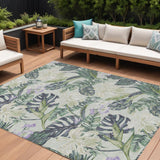 8' X 10' Artichoke Green Lavender And Ivory Botanical Leaves Washable Indoor Outdoor Area Rug