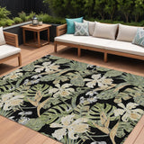 8' X 10' Black Beige And Fern Green Botanical Leaves Washable Indoor Outdoor Area Rug