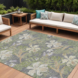 8' X 10' Gray Beige And Olive Green Botanical Leaves Washable Indoor Outdoor Area Rug