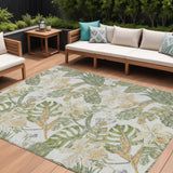 8' X 10' Ivory Wheat And Olive Green Botanical Leaves Washable Indoor Outdoor Area Rug