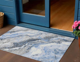 3' X 5' Blue And Silver Abstract Washable Indoor Outdoor Area Rug