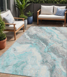 5' X 8' Teal Blue And Silver Abstract Washable Indoor Outdoor Area Rug