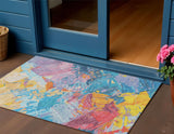 3' X 5' Blue Yellow Pink And Orange Abstract Washable Indoor Outdoor Area Rug
