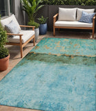 5' X 8' Teal Blue And Gold Abstract Washable Indoor Outdoor Area Rug