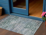 3' X 5' Teal Blue Gray And Ivory Geometric Washable Indoor Outdoor Area Rug