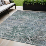 5' X 8' Teal Blue Gray And Ivory Geometric Washable Indoor Outdoor Area Rug