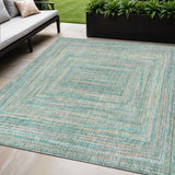 5' X 8' Teal Blue Beige And Ivory Geometric Washable Indoor Outdoor Area Rug