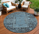 8' Blue And Gray Round Oriental Washable Indoor Outdoor Area Rug