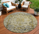 8' Pewter Gray And Gold Round Floral Medallion Washable Indoor Outdoor Area Rug