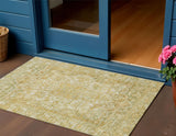 3' X 5' Tan Gold And Ivory Floral Medallion Washable Indoor Outdoor Area Rug