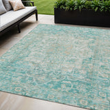 5' X 8' Teal Blue And Ivory Floral Medallion Washable Indoor Outdoor Area Rug