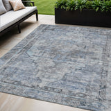 5' X 8' Blue Gray And Ivory Oriental Washable Indoor Outdoor Area Rug