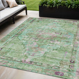 5' X 8' Artichoke Green Teal Blue And Lavender Oriental Washable Indoor Outdoor Area Rug