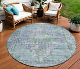 8' Teal Blue Lavender And Ivory Round Oriental Washable Indoor Outdoor Area Rug