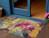 3' X 5' Ruby Red Pink And Yellow Abstract Washable Indoor Outdoor Area Rug