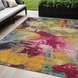 5' X 8' Ruby Red Pink And Yellow Abstract Washable Indoor Outdoor Area Rug