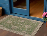 3' X 5' Artichoke Green And Beige Floral Washable Indoor Outdoor Area Rug