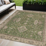 5' X 8' Artichoke Green And Beige Floral Washable Indoor Outdoor Area Rug