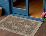 3' X 5' Brown And Beige Floral Washable Indoor Outdoor Area Rug