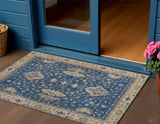 3' X 5' Navy Blue And Beige Floral Washable Indoor Outdoor Area Rug