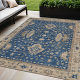 5' X 8' Navy Blue And Beige Floral Washable Indoor Outdoor Area Rug