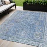 5' X 8' Blue And Ivory Floral Medallion Washable Indoor Outdoor Area Rug