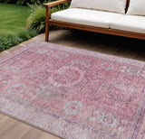 8' X 10' Pink And Blush Floral Medallion Washable Indoor Outdoor Area Rug