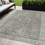 5' X 8' Pewter And Silver Floral Medallion Washable Indoor Outdoor Area Rug