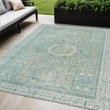 5' X 8' Turquoise And Beige Floral Medallion Washable Indoor Outdoor Area Rug