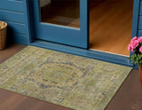 3' X 5' Artichoke Green And Blue Medallion Washable Indoor Outdoor Area Rug