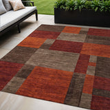 5' X 8' Chocolate Taupe And Orange Geometric Washable Indoor Outdoor Area Rug