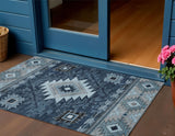 3' X 5' Blue Ivory And Charcoal Tribal Washable Indoor Outdoor Area Rug