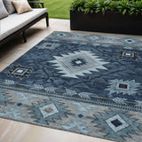 5' X 8' Blue Ivory And Charcoal Tribal Washable Indoor Outdoor Area Rug