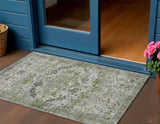 3' X 5' Artichoke Green Gray And Silver Floral Washable Indoor Outdoor Area Rug