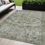 5' X 8' Artichoke Green Gray And Silver Floral Washable Indoor Outdoor Area Rug